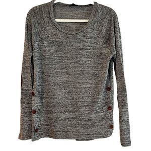 Mine Women’s Gray Crew Neck Sweater Elbow Patches Side Buttons Large